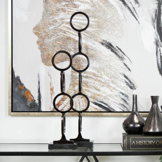 Aluminum Abstract Stacked Geometric Rings Sculpture with Marble Base Set